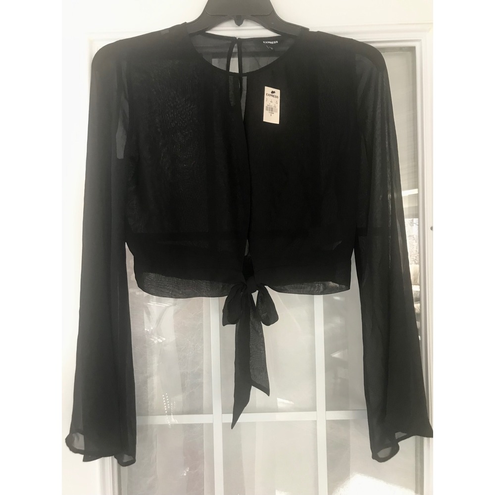 Express Black Sheer Bell Sleeve Tie Front Crop Top Women's Size S Petite